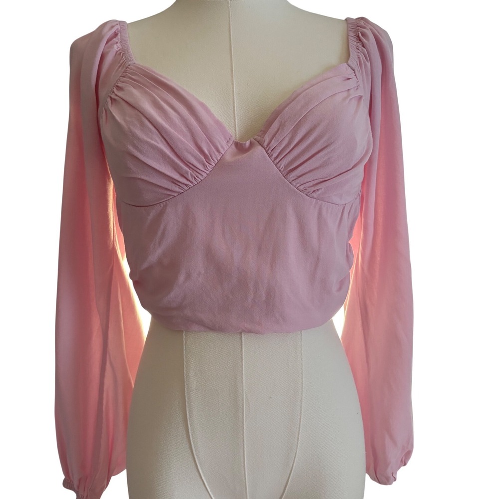 LA Hearts Pink Smocked Back Long Sleeve Crop Top Sweetheart Neckline Size M